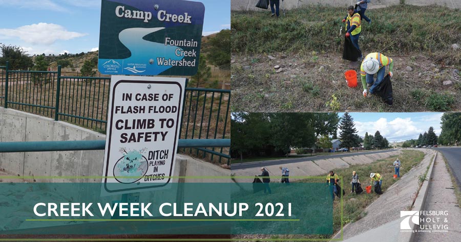 Creek Week Cleanup 2021. FHU staff volunteers pick up trash in the Camp Creek, Fountain Creek Watershed.